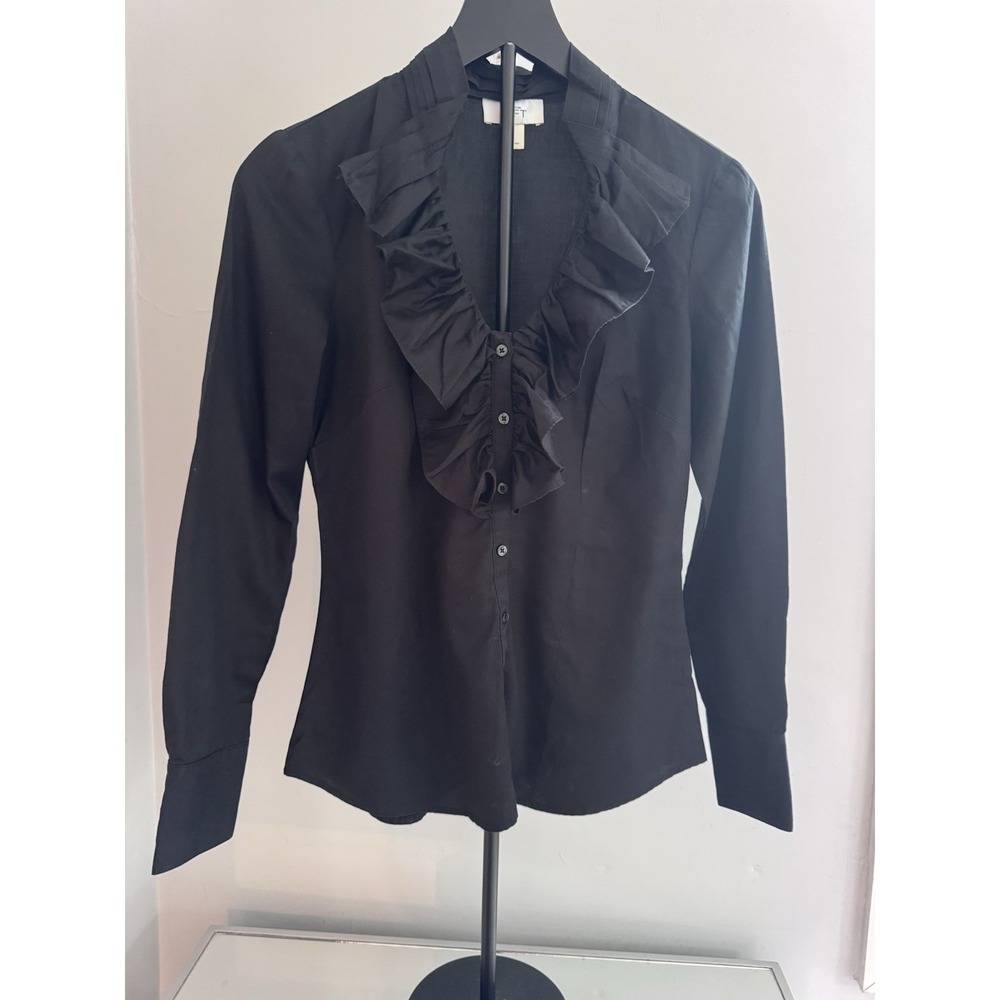 LOFT Women's Black 100% Cotton Lightweight Ruffle Career Blouse Top‎ Sz 2